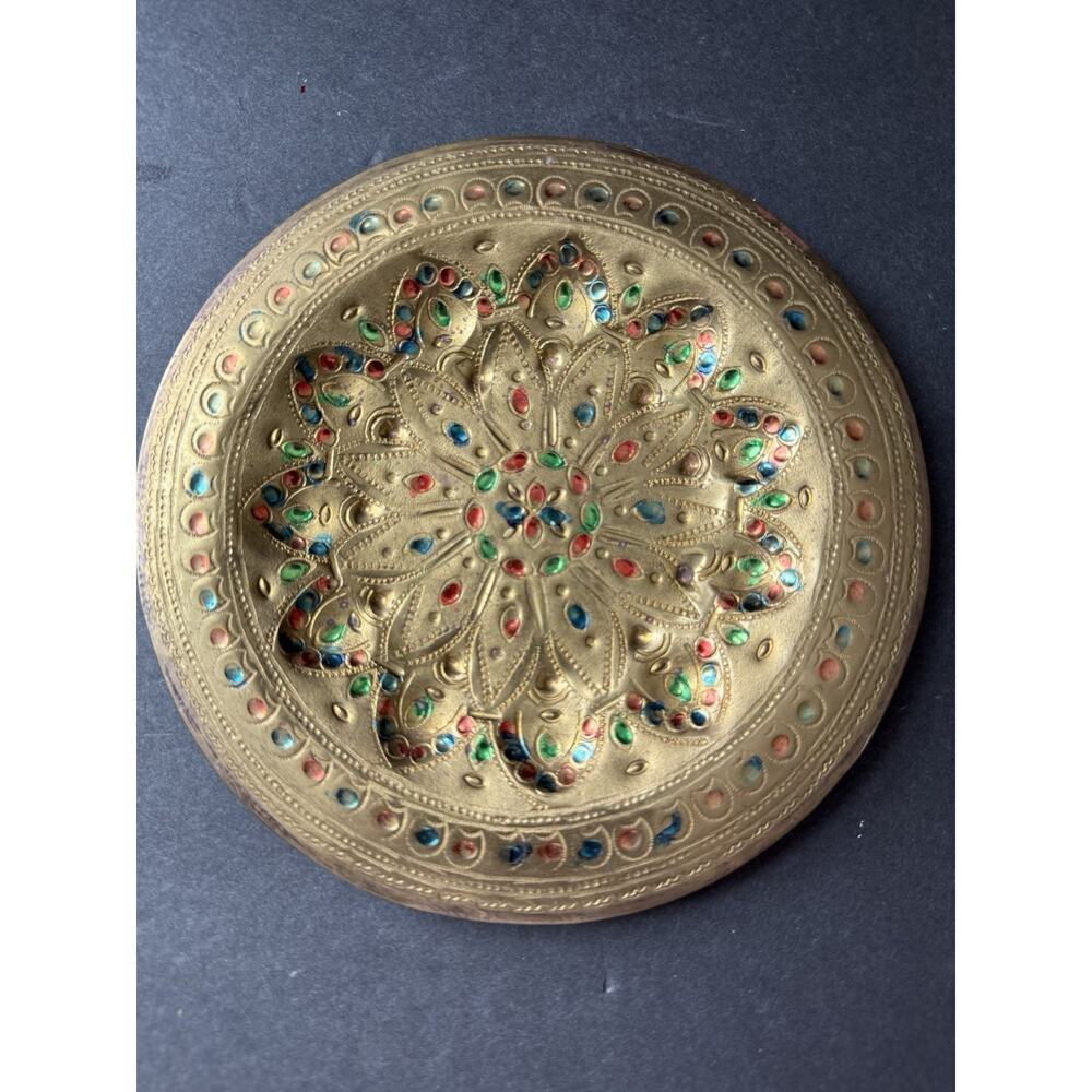 Vintage Etched Brass Trinket Dish Handpainted Round Wall Plate Artisan India